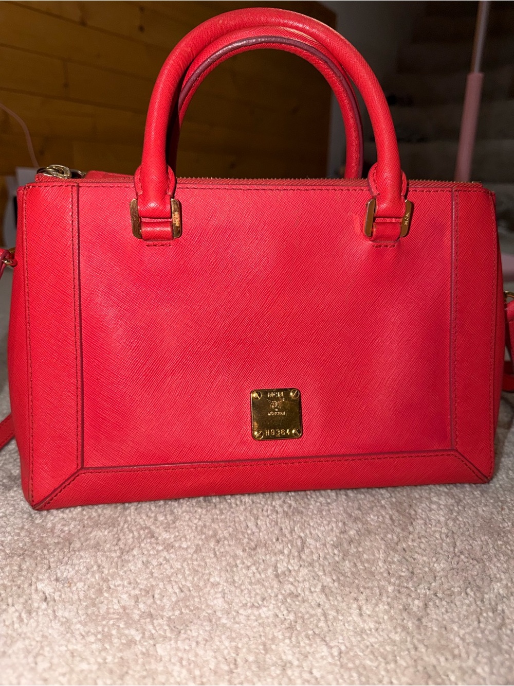 Mcm Red Structured Leather Satchel Handbag